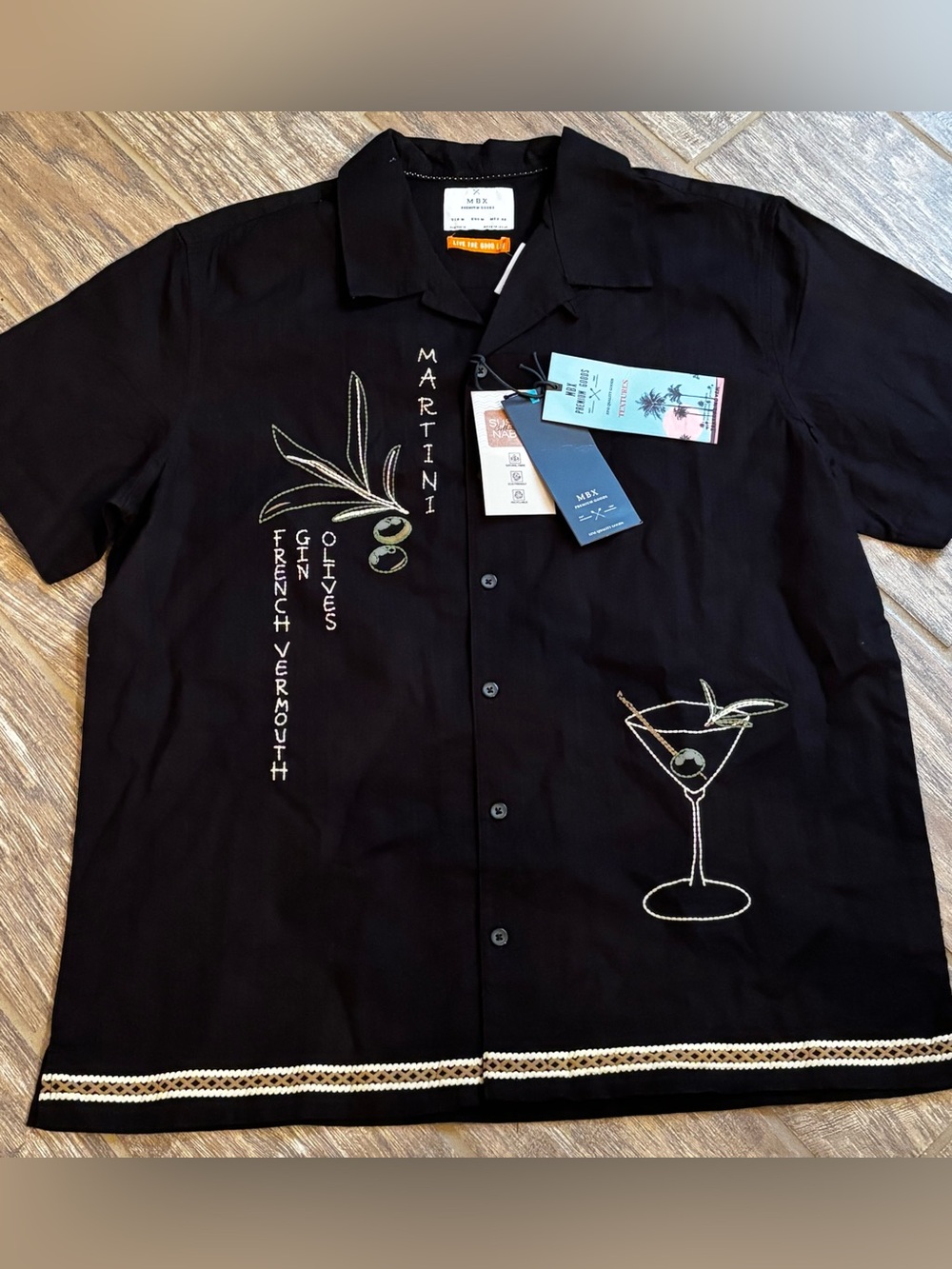Black Embroidered Martini Short-Sleeve Shirt lounge NWT cotton